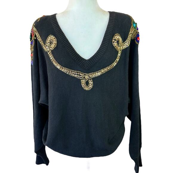 SML Beaded Sweater Large Black Gold Braid‎ Jewel Party NYE Holiday Glam Vintage - Picture 1 of 14